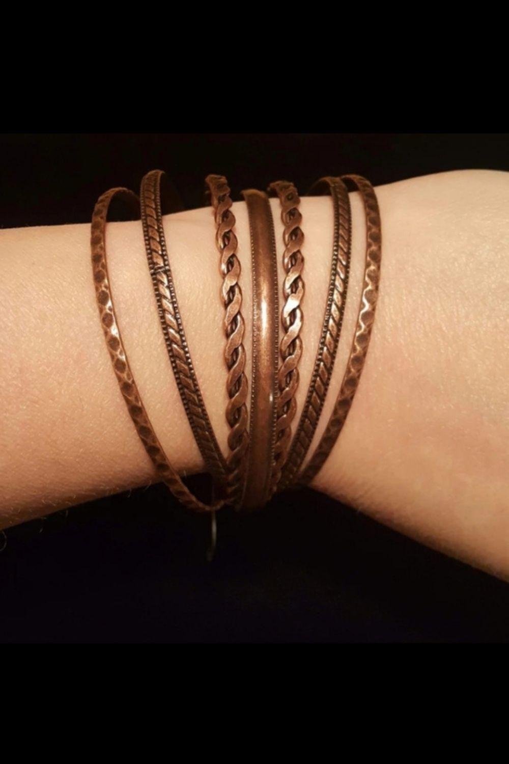 Rattle and Roll Copper Bangle Bracelet Set - Paparazzi Accessories- on model - CarasShop.com - $5 Jewelry by Cara Jewels