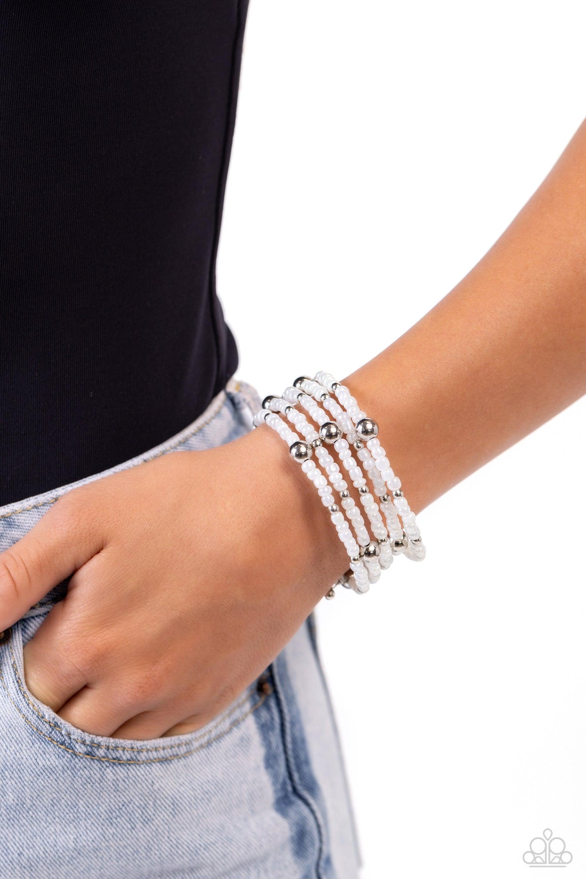 Refined Retrograde White Pearl Coil Bracelet - Paparazzi Accessories-on model - CarasShop.com - $5 Jewelry by Cara Jewels