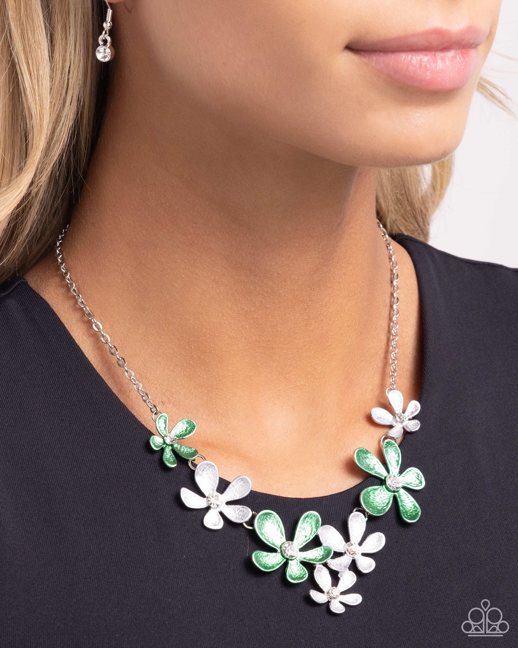 Reflective Rundown Mint Green & Silver Floral Necklace - Paparazzi Accessories- lightbox - CarasShop.com - $5 Jewelry by Cara Jewels