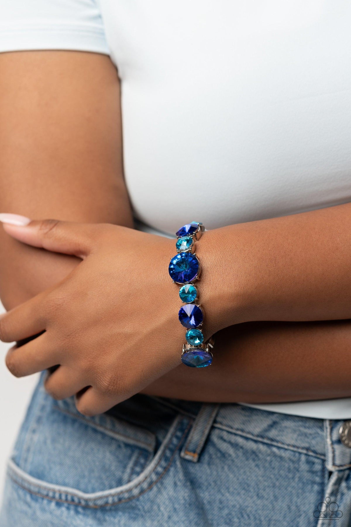 Refreshing Radiance Blue Rhinestone Bracelet - Paparazzi Accessories-on model - CarasShop.com - $5 Jewelry by Cara Jewels