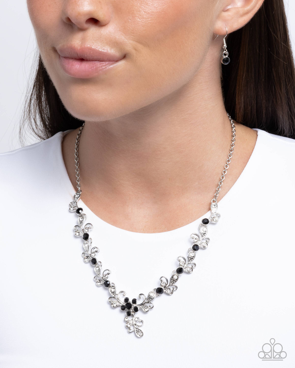 Refreshing Refinement Black &amp; White Rhinestone Necklace - Paparazzi Accessories-on model - CarasShop.com - $5 Jewelry by Cara Jewels