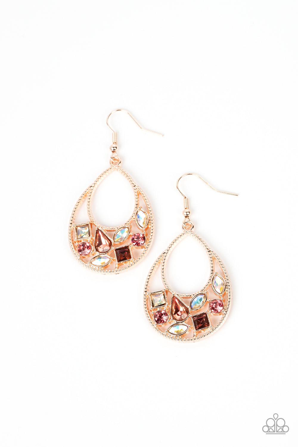 Regal Recreation Gold and Iridescent Rhinestone Earrings - Paparazzi Accessories- lightbox - CarasShop.com - $5 Jewelry by Cara Jewels