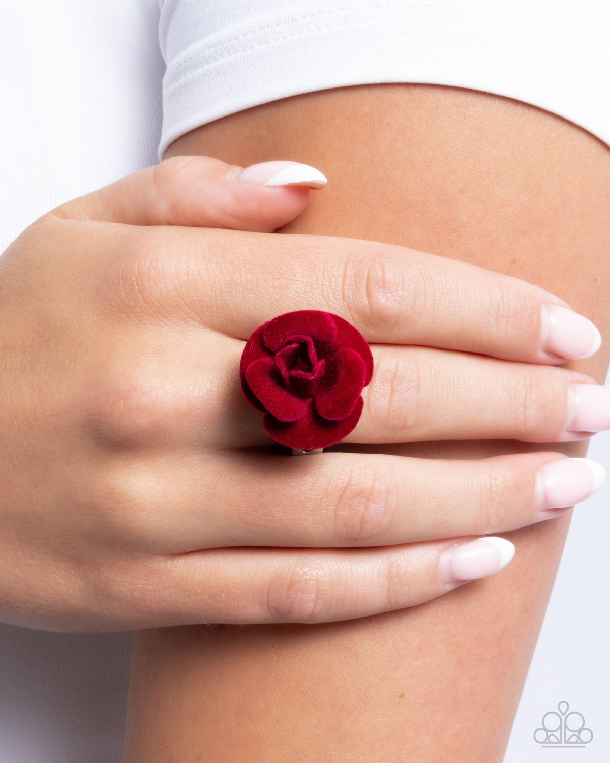 Relaxed Rosette Red Velvet Floral Ring - Paparazzi Accessories-on model - CarasShop.com - $5 Jewelry by Cara Jewels