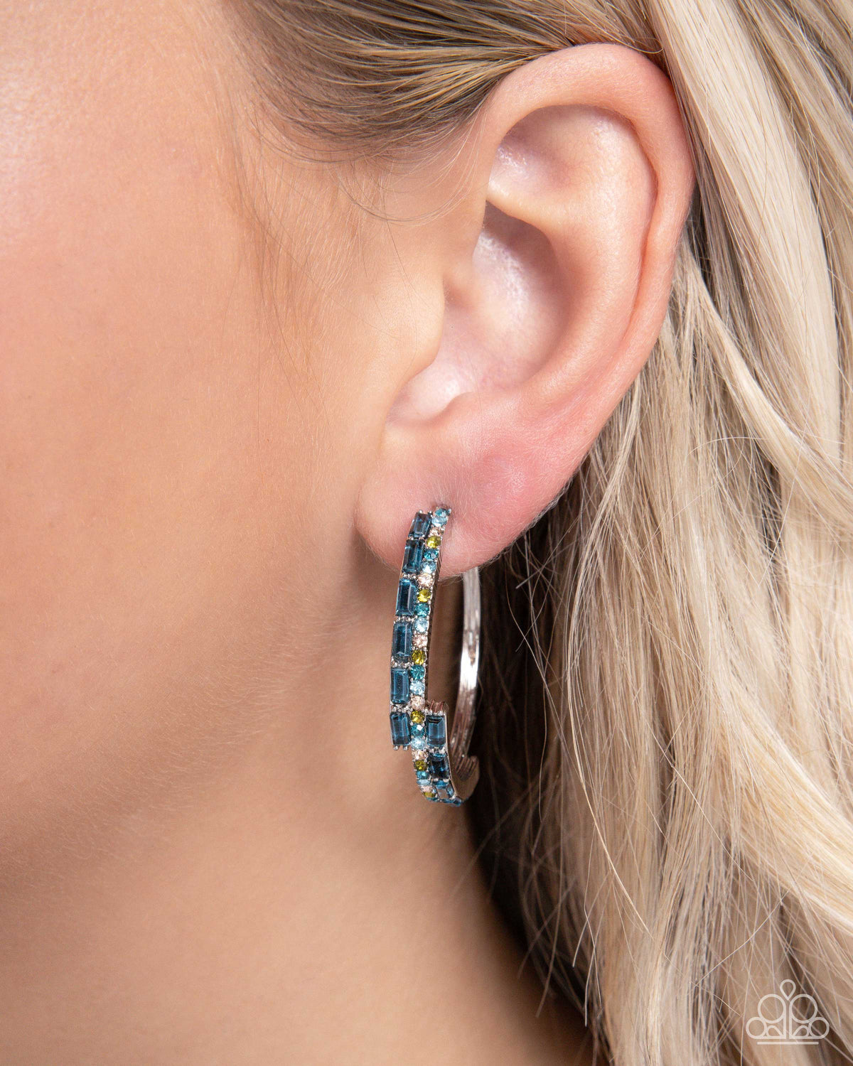 Ritzy Reputation Blue Rhinestone Hoop Earrings - Paparazzi Accessories-on model - CarasShop.com - $5 Jewelry by Cara Jewels