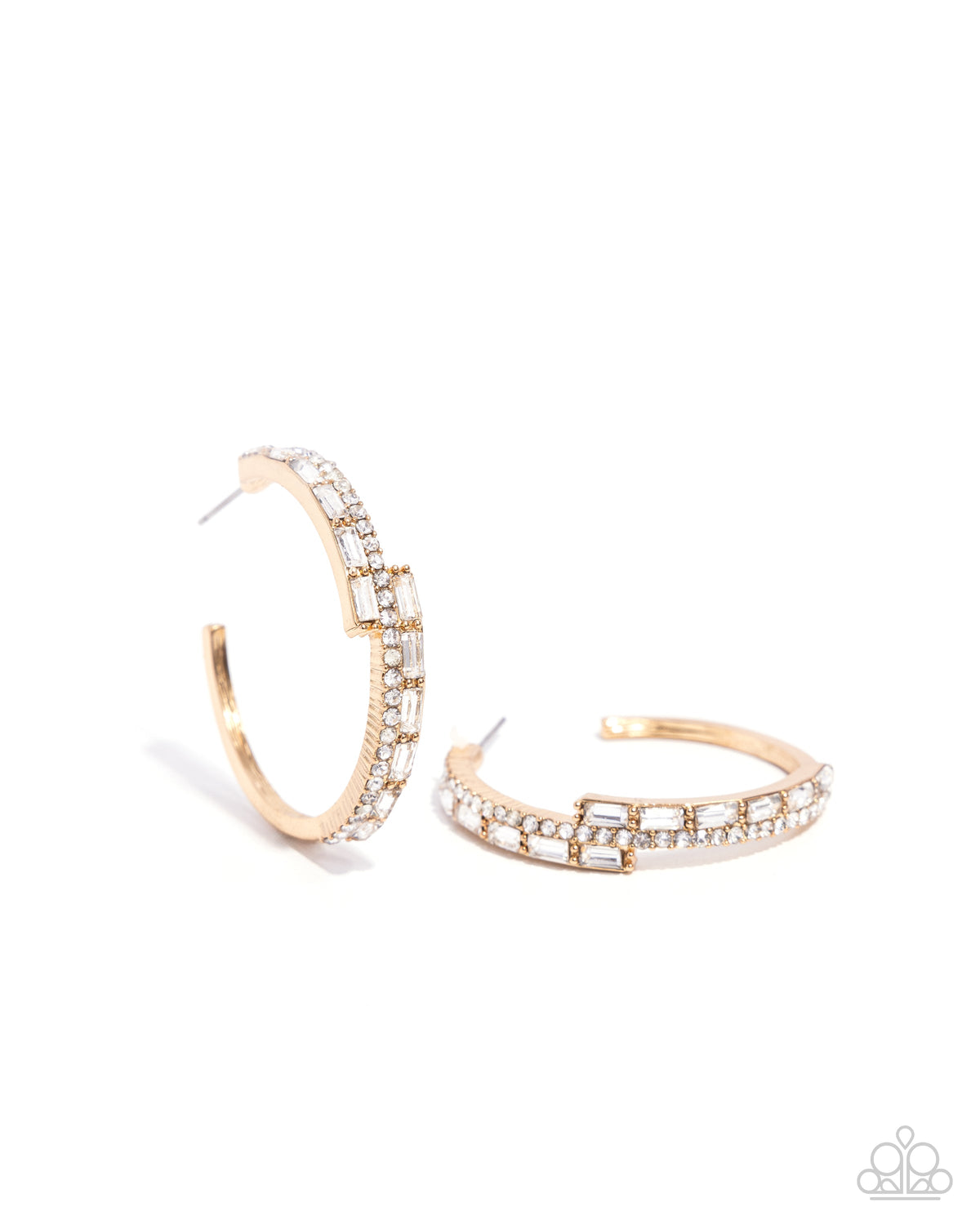 Ritzy Reputation Gold &amp; White Rhinestone Hoop Earrings - Paparazzi Accessories- lightbox - CarasShop.com - $5 Jewelry by Cara Jewels