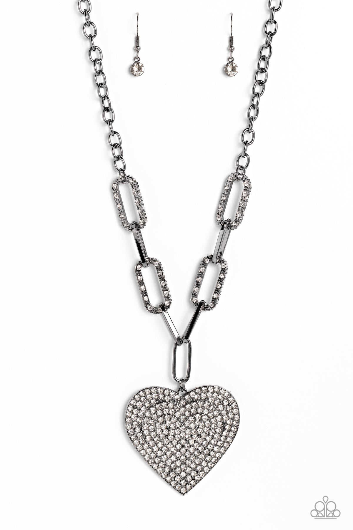 Roadside Romance Gunmetal Black &amp; White Rhinestone Heart Necklace - Paparazzi Accessories- lightbox - CarasShop.com - $5 Jewelry by Cara Jewels