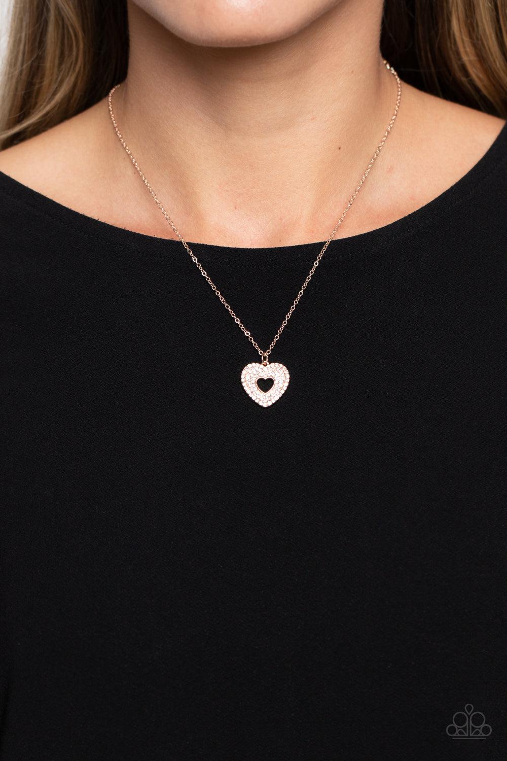 Romantic Retreat Rose Gold & White Rhinestone Heart Necklace - Paparazzi Accessories- lightbox - CarasShop.com - $5 Jewelry by Cara Jewels