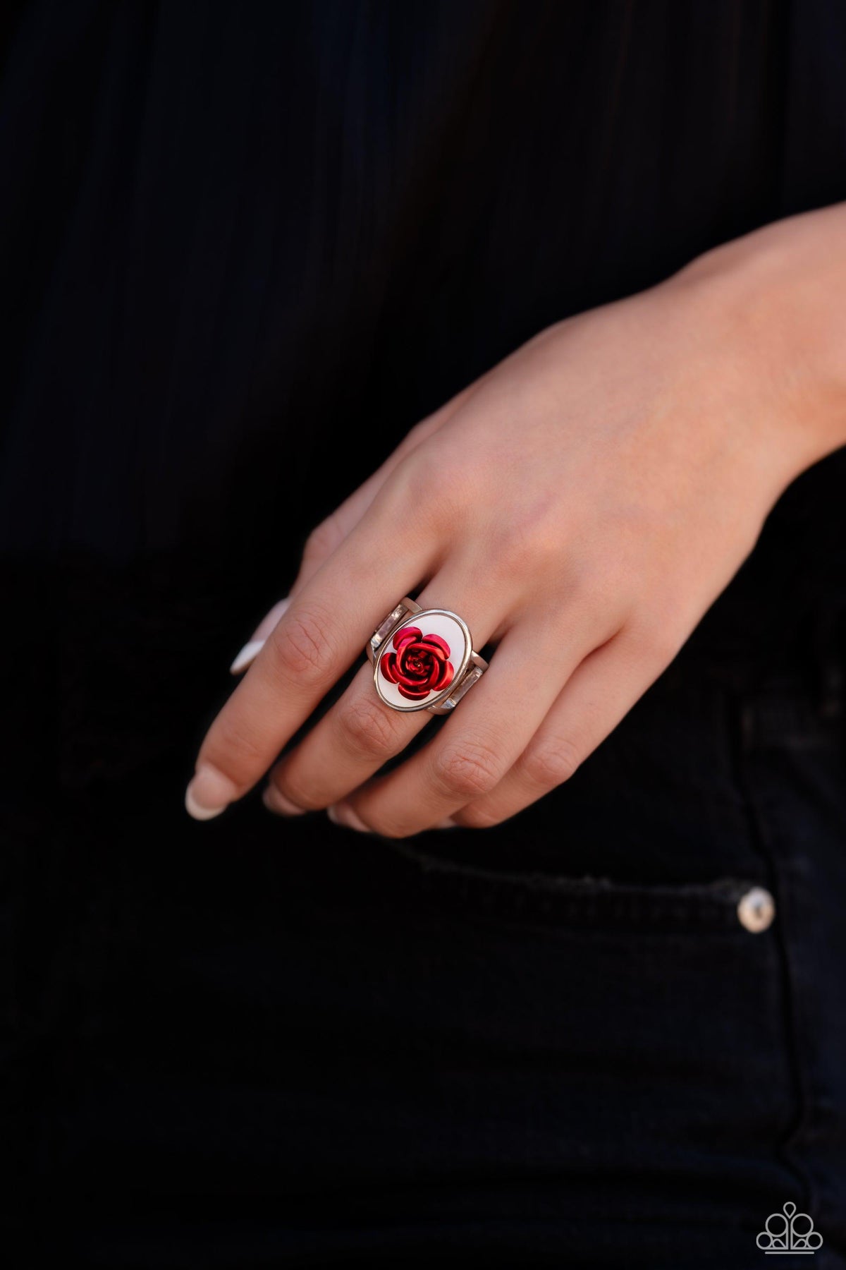 ROSE to My Heart Red Flower Ring - Paparazzi Accessories-on model - CarasShop.com - $5 Jewelry by Cara Jewels