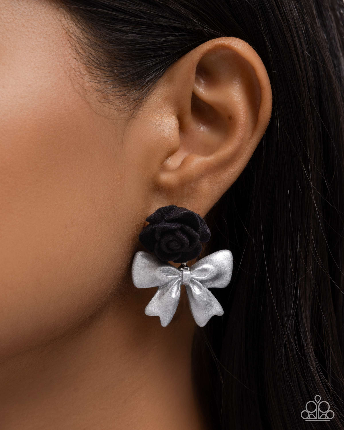 Rosette Rarity Black Rose &amp; White Bow Earrings - Paparazzi Accessories-on model - CarasShop.com - $5 Jewelry by Cara Jewels