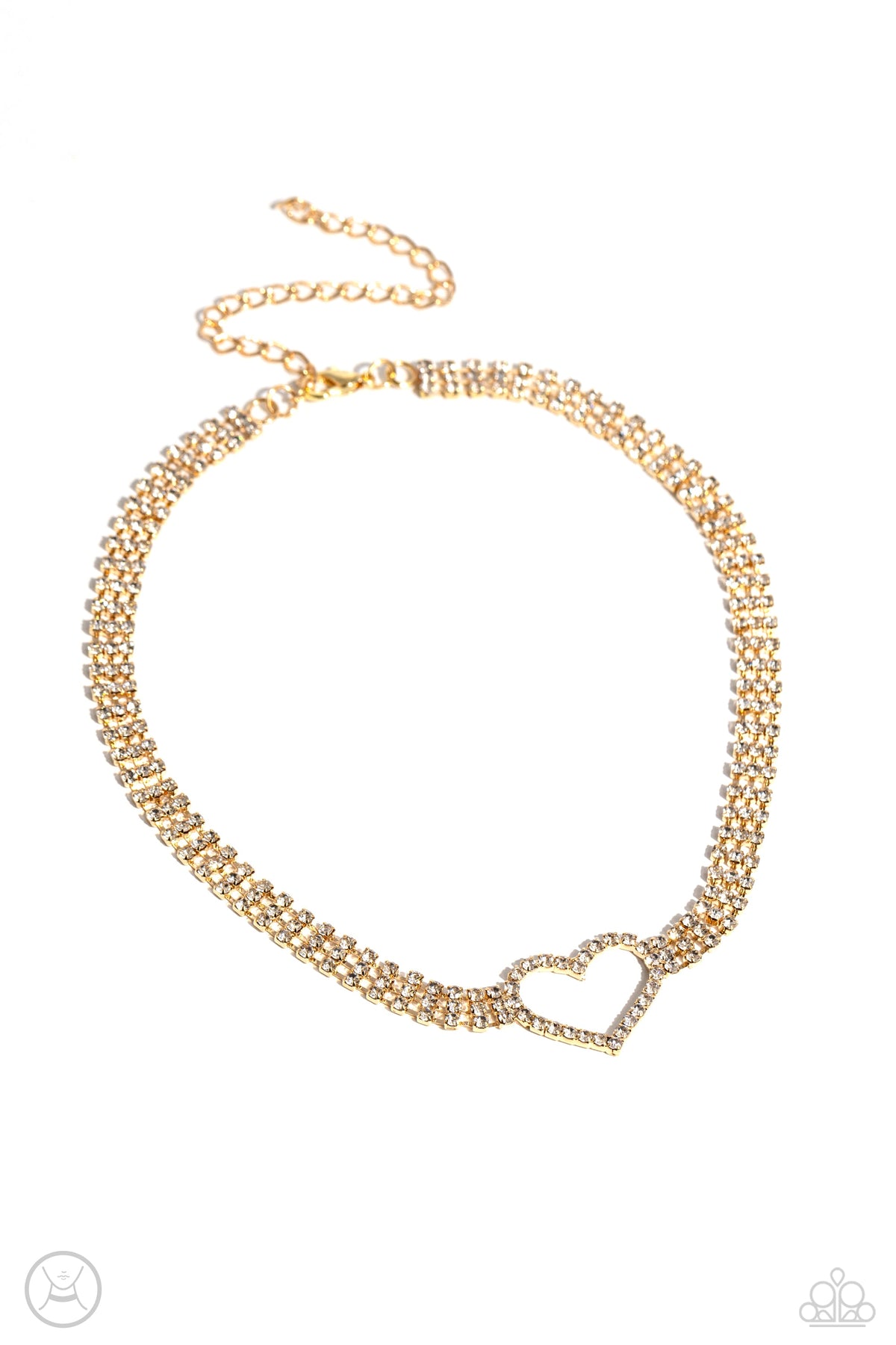 Rows of Romance Gold &amp; White Rhinestone Heart Choker Necklace - Paparazzi Accessories- lightbox - CarasShop.com - $5 Jewelry by Cara Jewels