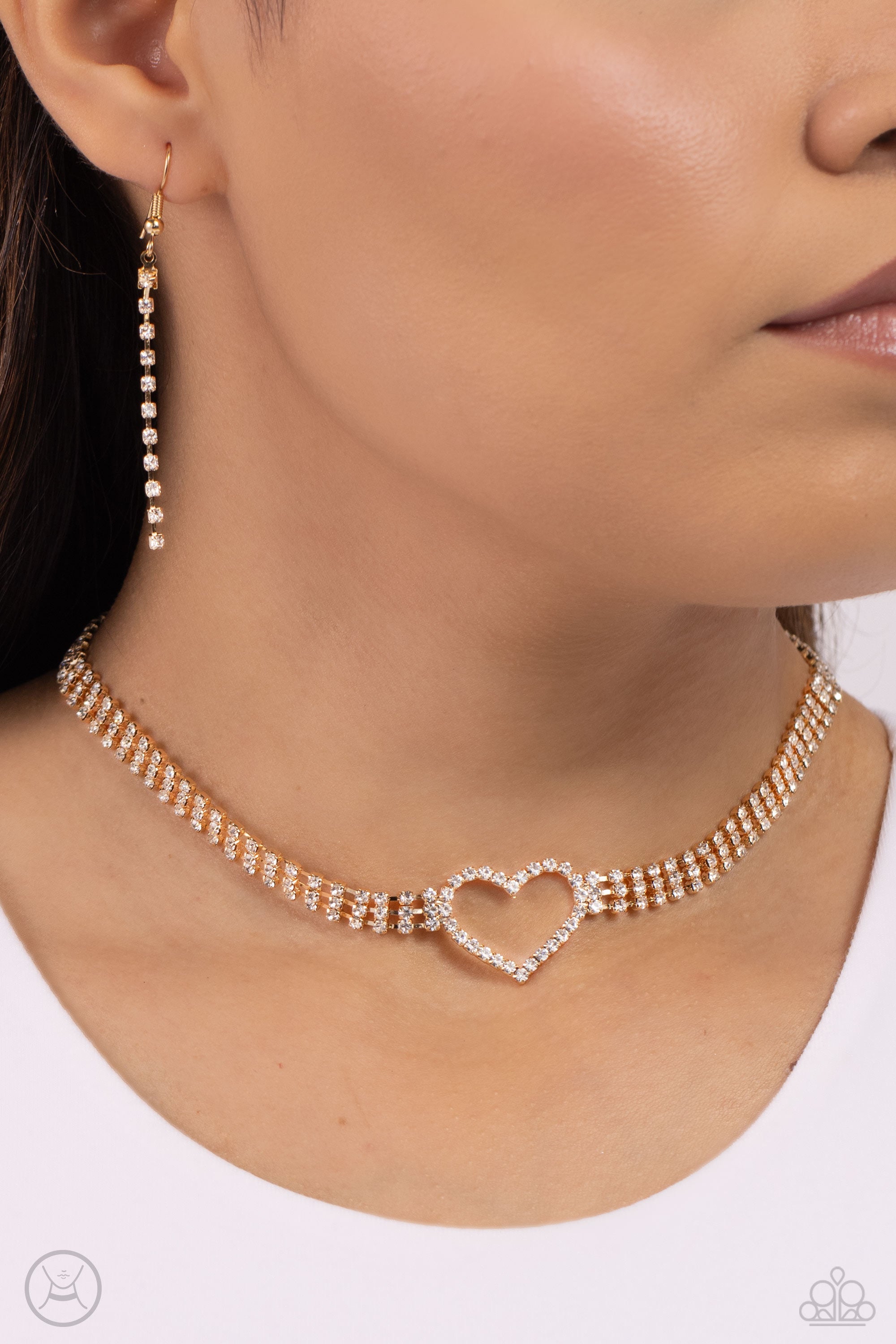 Rows of Romance Gold & White Rhinestone Heart Choker Necklace - Paparazzi Accessories- lightbox - CarasShop.com - $5 Jewelry by Cara Jewels