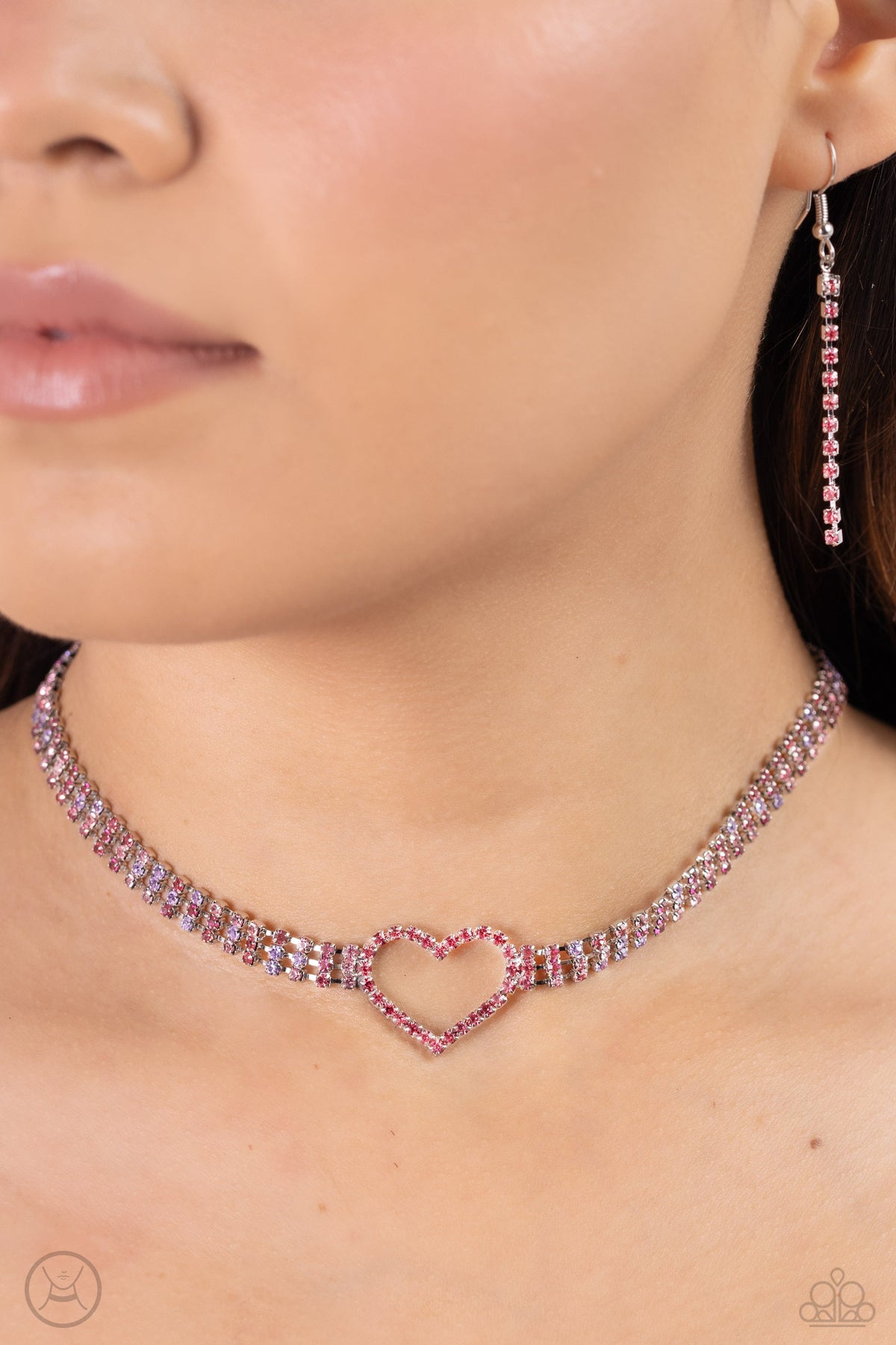 Rows of Romance Pink Rhinestone Heart Choker Necklace - Paparazzi Accessories-on model - CarasShop.com - $5 Jewelry by Cara Jewels