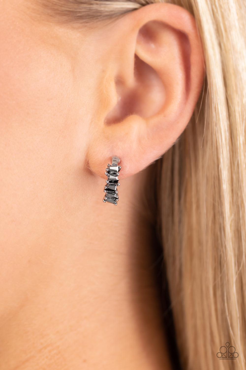 Rugged Rockstar Silver Hoop Earrings - Paparazzi Accessories-on model - CarasShop.com - $5 Jewelry by Cara Jewels