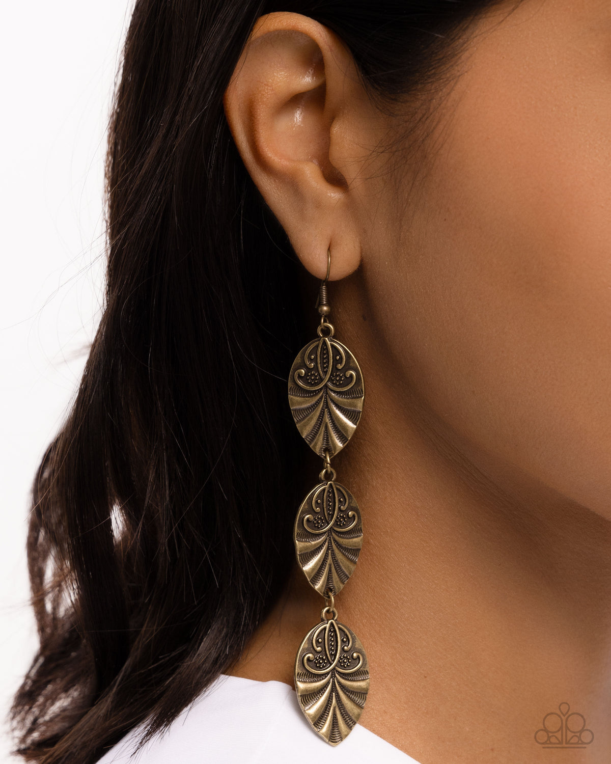 Rustic Range Brass Earrings - Paparazzi Accessories-on model - CarasShop.com - $5 Jewelry by Cara Jewels