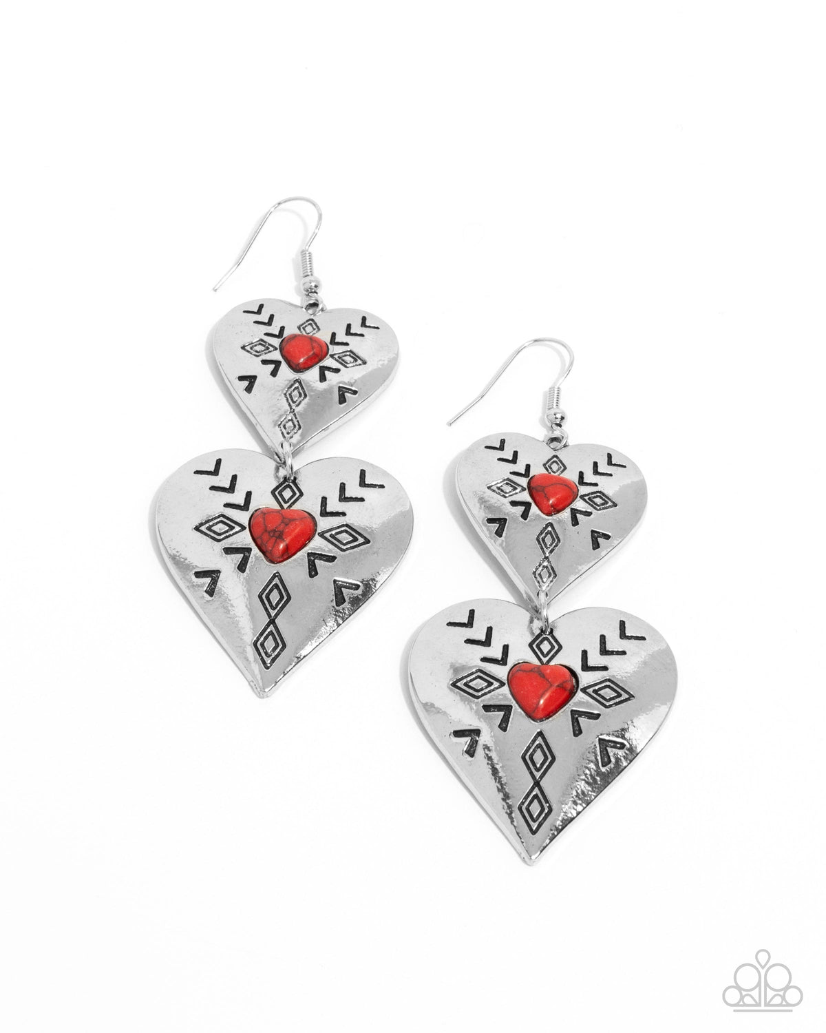 Rustic Repetition Red Stone &amp; Silver Heart Earrings - Paparazzi Accessories- lightbox - CarasShop.com - $5 Jewelry by Cara Jewels