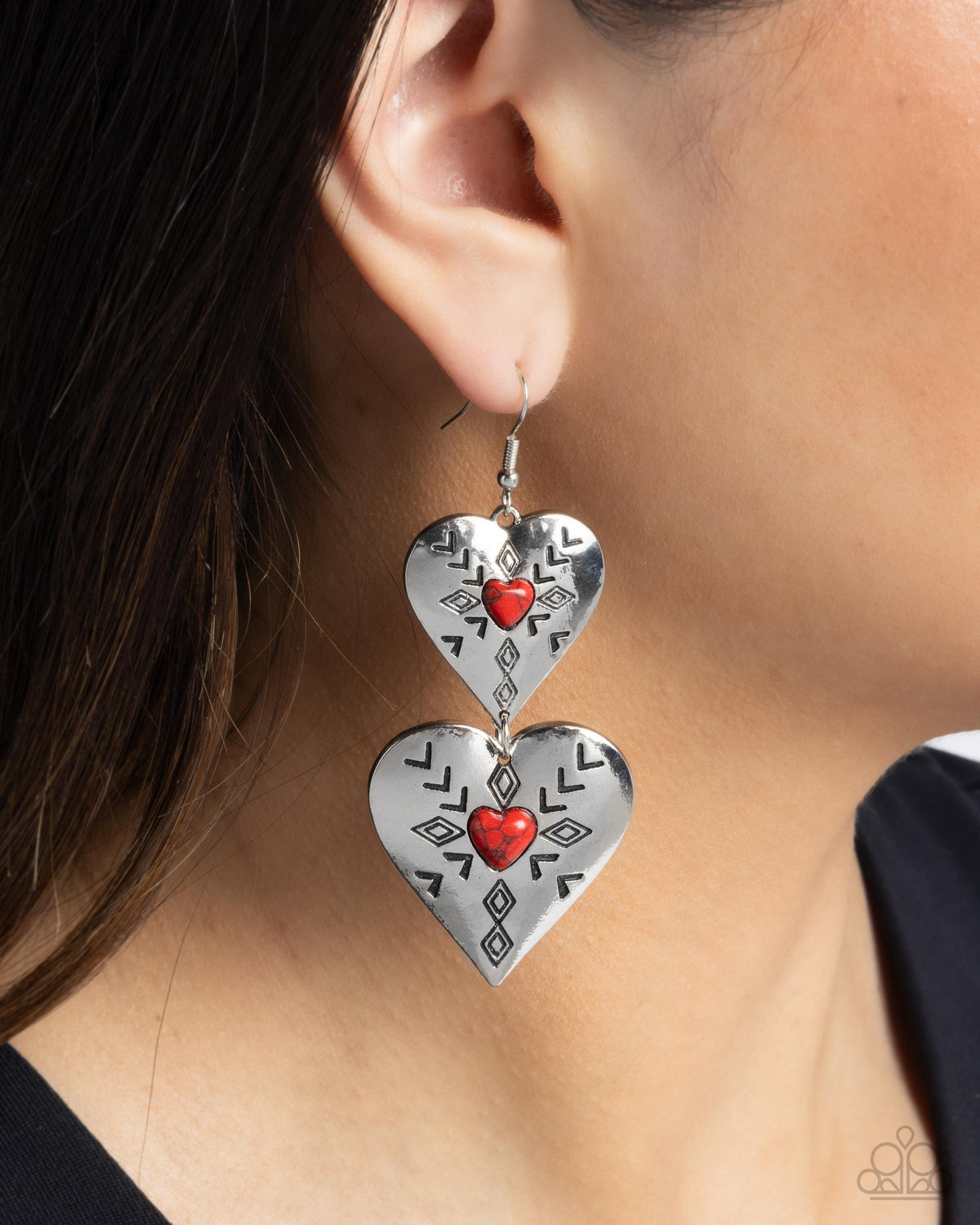 Rustic Repetition Red Stone &amp; Silver Heart Earrings - Paparazzi Accessories-on model - CarasShop.com - $5 Jewelry by Cara Jewels