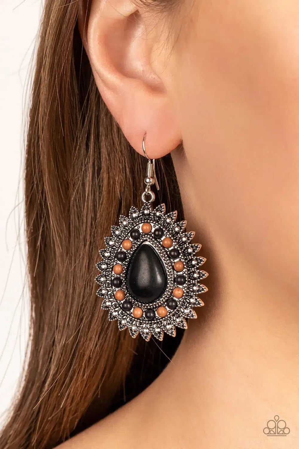 Sagebrush Sabbatical Black Stone Earrings- Paparazzi Accessories- on model - CarasShop.com - $5 Jewelry by Cara Jewels