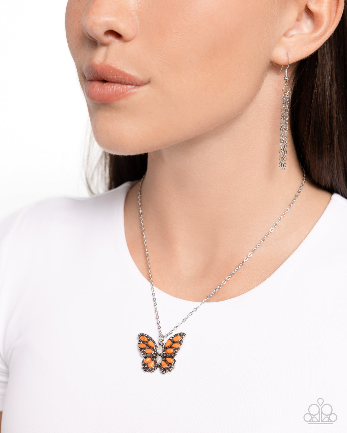 Santa Fe Satisfaction Orange Stone Butterfly Necklace - Paparazzi Accessories-on model - CarasShop.com - $5 Jewelry by Cara Jewels