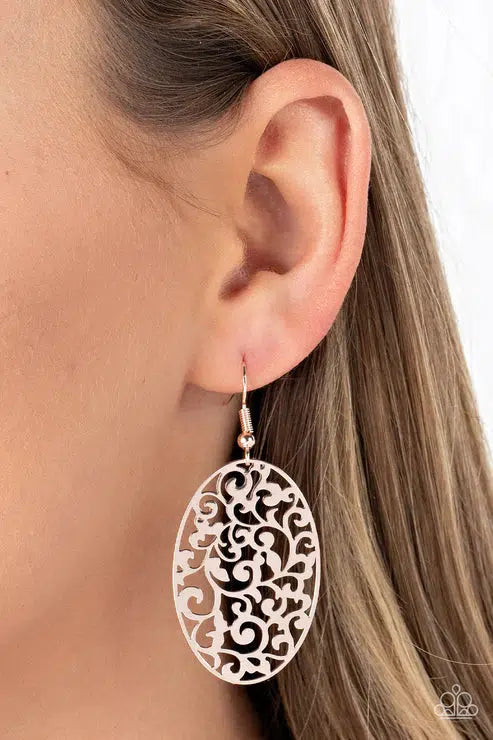 Secret Orchards Rose Gold Earrings - Paparazzi Accessories-on model - CarasShop.com - $5 Jewelry by Cara Jewels