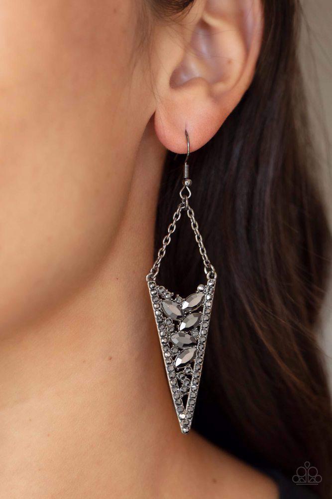 Sharp-Dressed Drama Black Earrings - Paparazzi Accessories- on model - CarasShop.com - $5 Jewelry by Cara Jewels