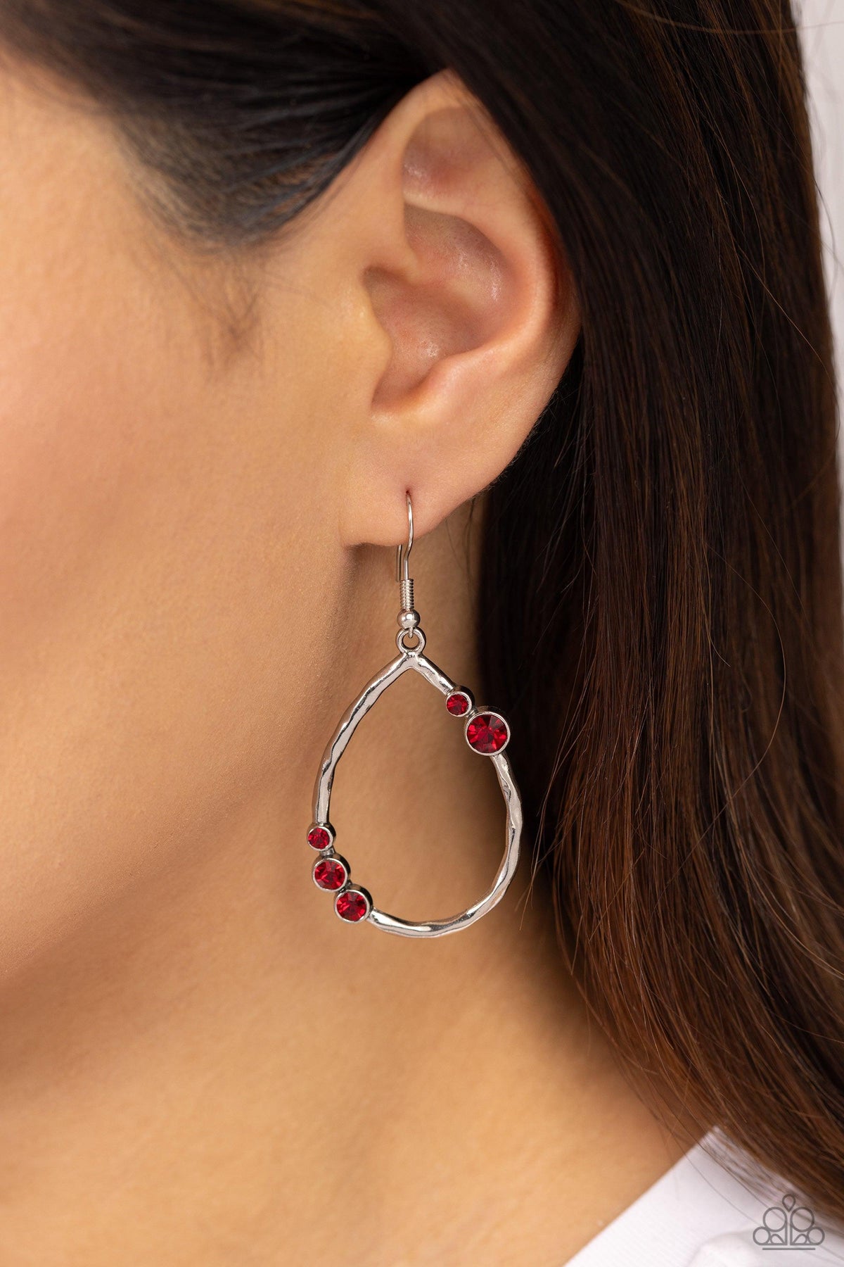 Shop Till You DROPLET Red Rhinestone Earrings - Paparazzi Accessories-on model - CarasShop.com - $5 Jewelry by Cara Jewels