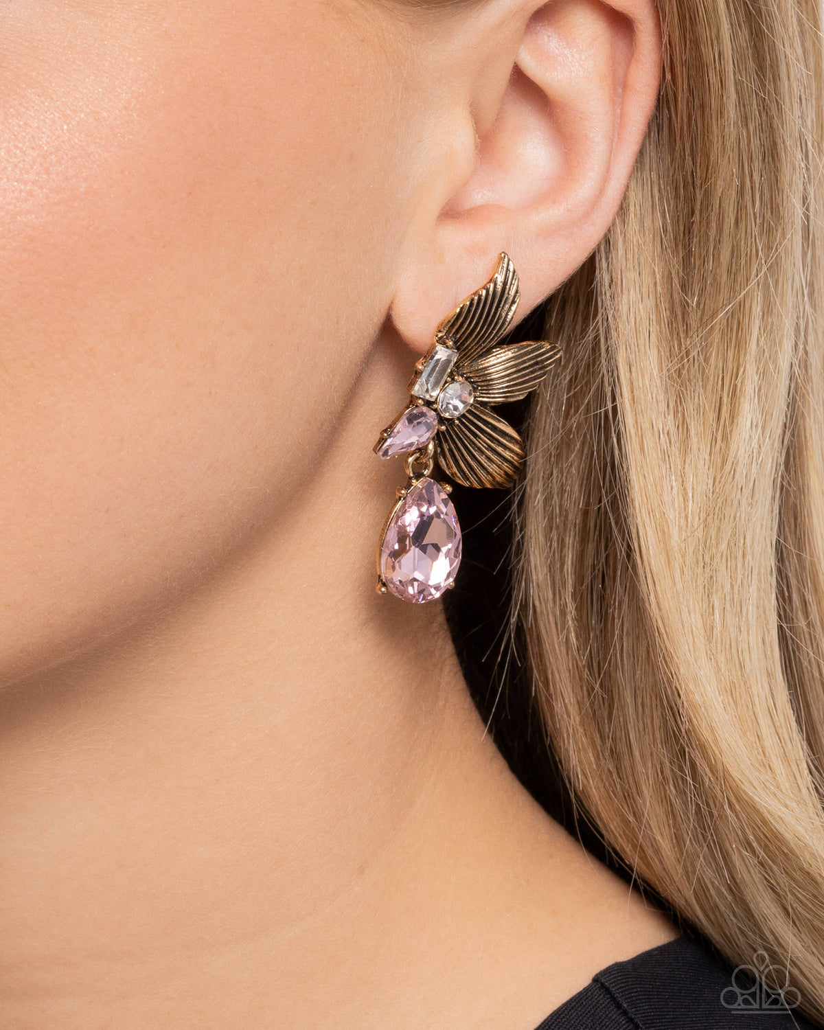 Showstopping Symphony Pink Rhinestone Floral Earrings - Paparazzi Accessories-on model - CarasShop.com - $5 Jewelry by Cara Jewels