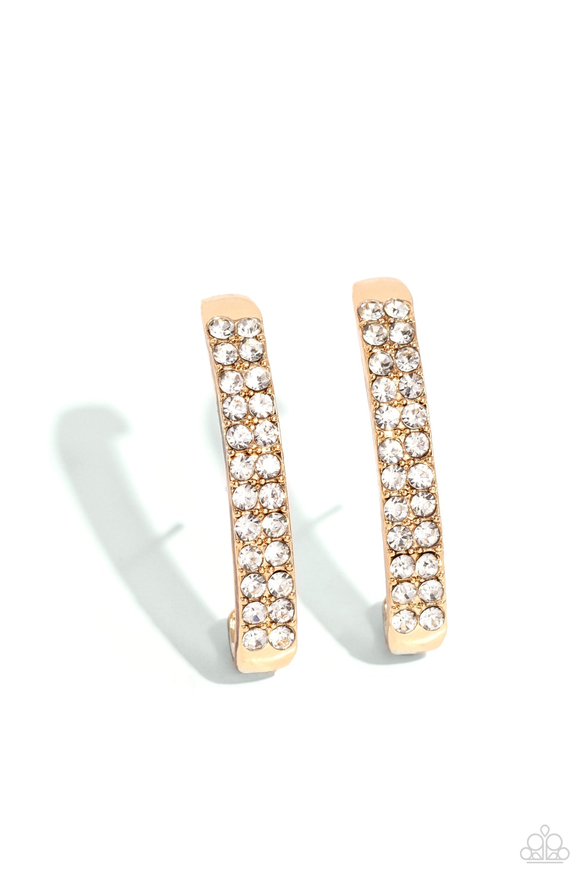 Sliding Series Gold &amp; White Rhinestone Adjustable Illusion Post Earrings - Paparazzi Accessories- lightbox - CarasShop.com - $5 Jewelry by Cara Jewels