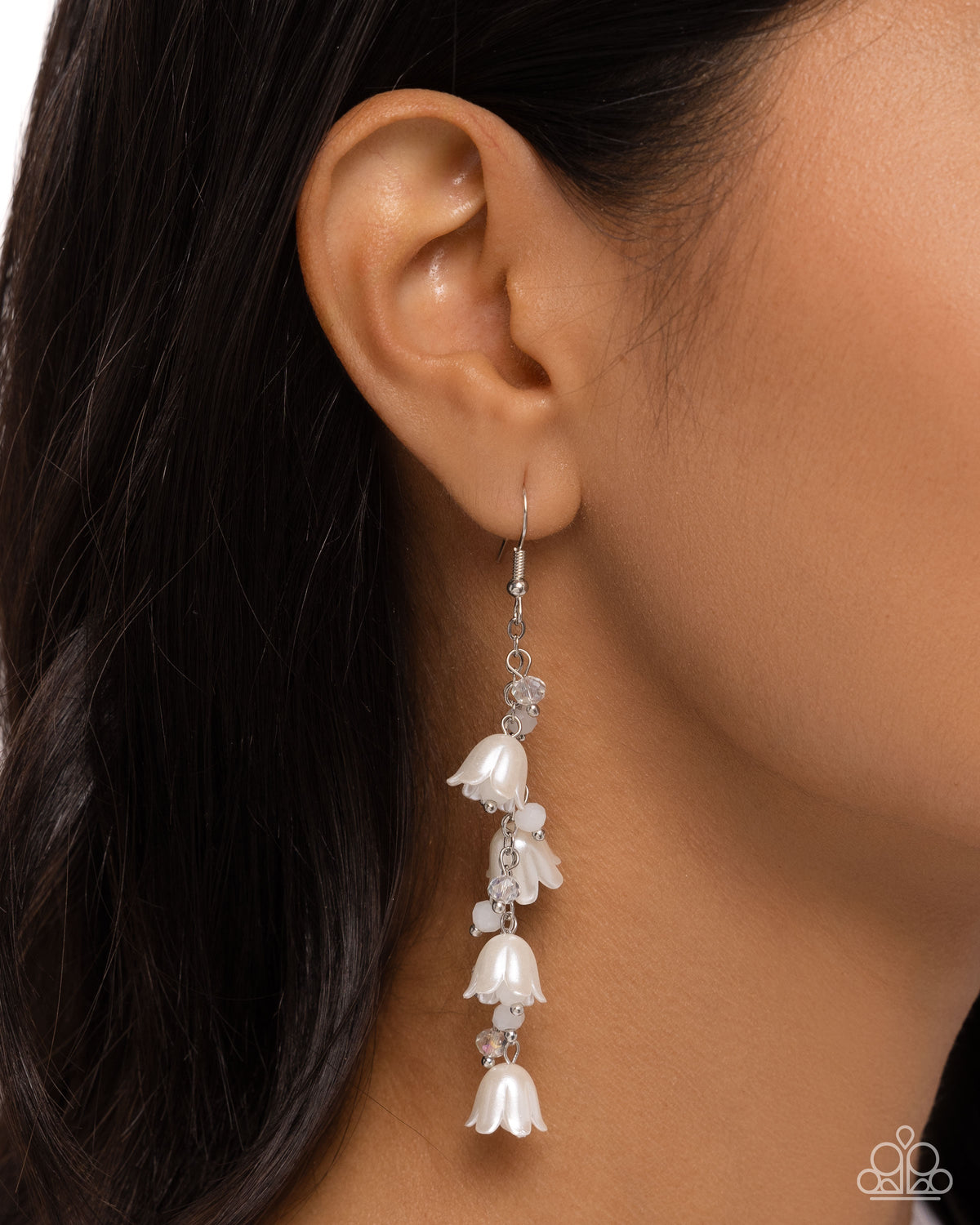 Snow Drops White Tulip Earrings - Paparazzi Accessories-on model - CarasShop.com - $5 Jewelry by Cara Jewels