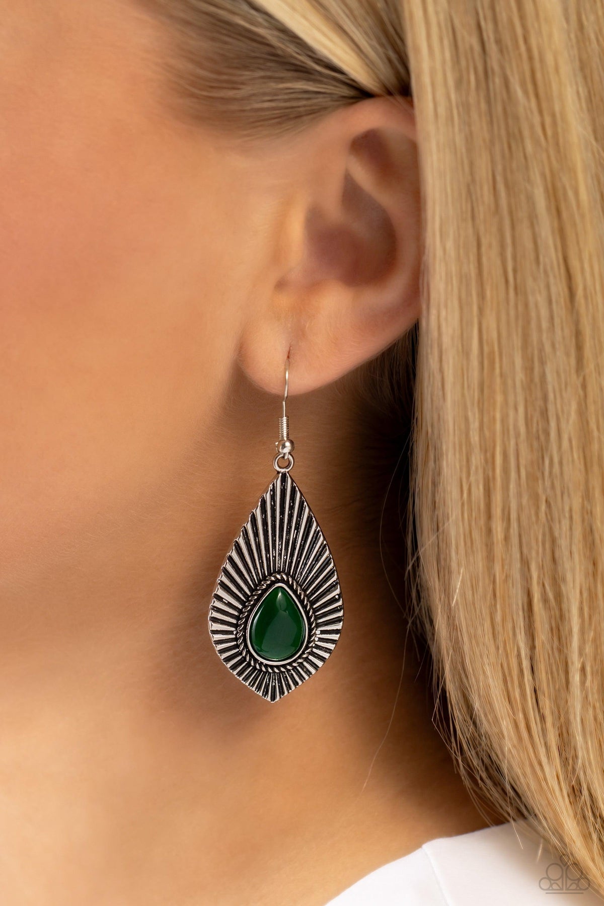 SOUL-ar Flare Green Earrings - Paparazzi Accessories-on model - CarasShop.com - $5 Jewelry by Cara Jewels