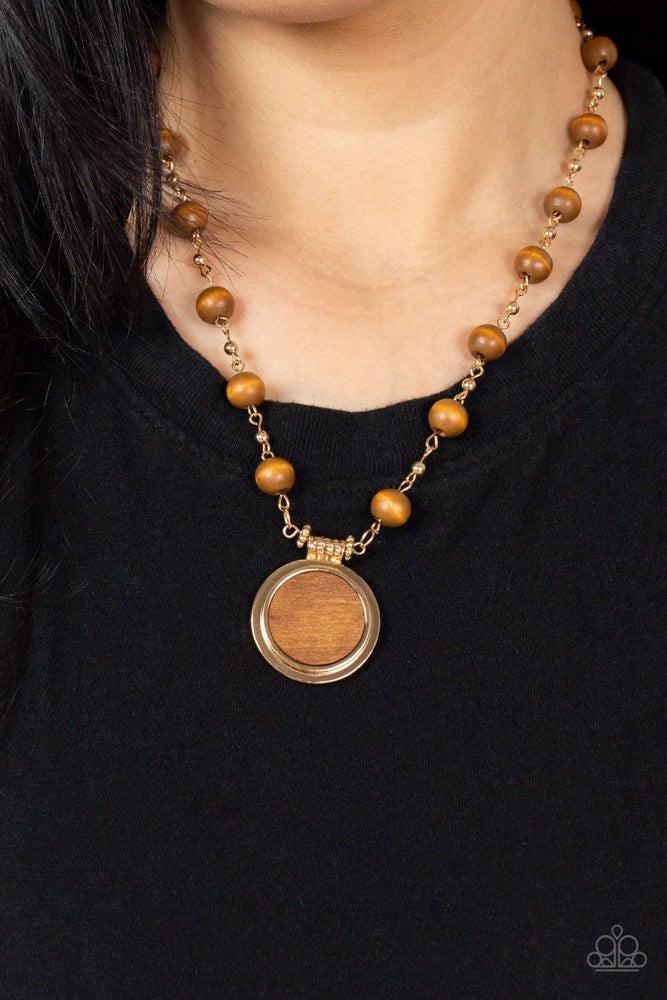 Soulful Sunrise Gold &amp; Wood Necklace - Paparazzi Accessories- on model - CarasShop.com - $5 Jewelry by Cara Jewels