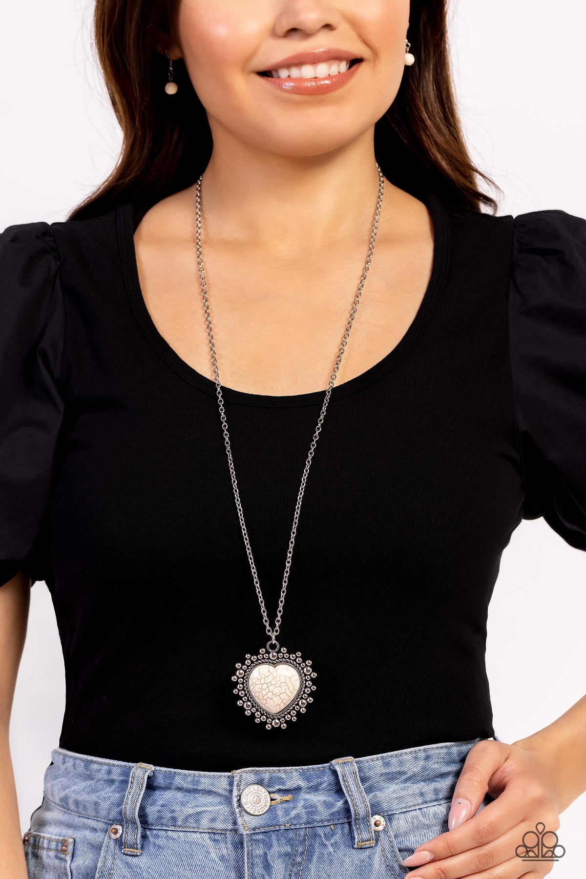 Southwestern Sentiment White Stone Heart Necklace - Paparazzi Accessories-on model - CarasShop.com - $5 Jewelry by Cara Jewels