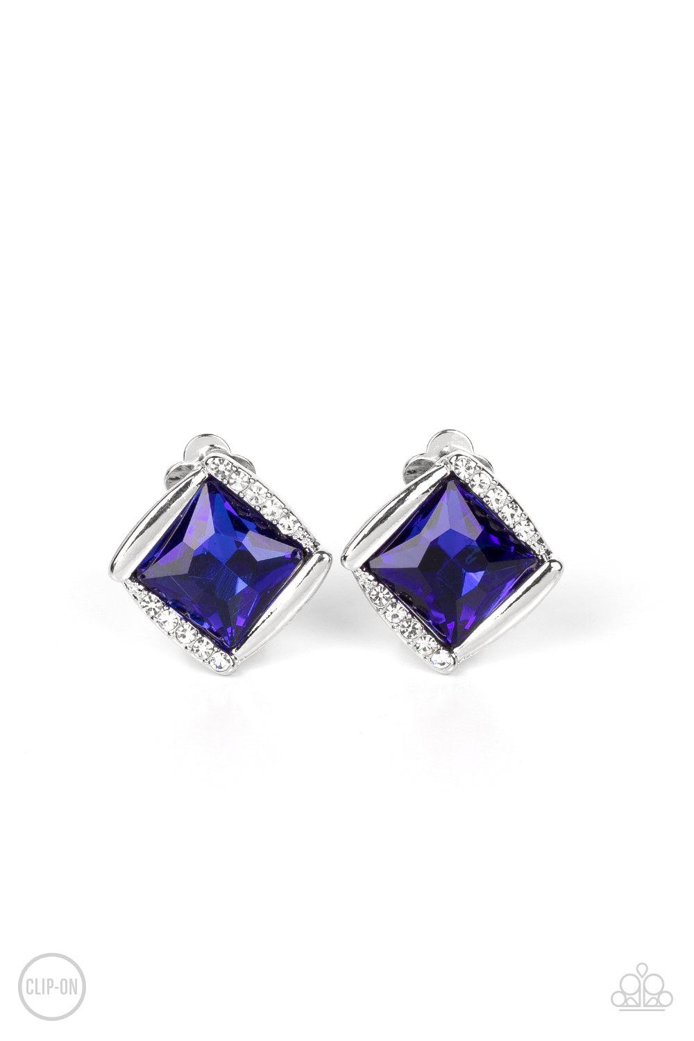 Sparkle Squared Blue &amp; White Rhinestone Clip-on Earrings - Paparazzi Accessories- lightbox - CarasShop.com - $5 Jewelry by Cara Jewels