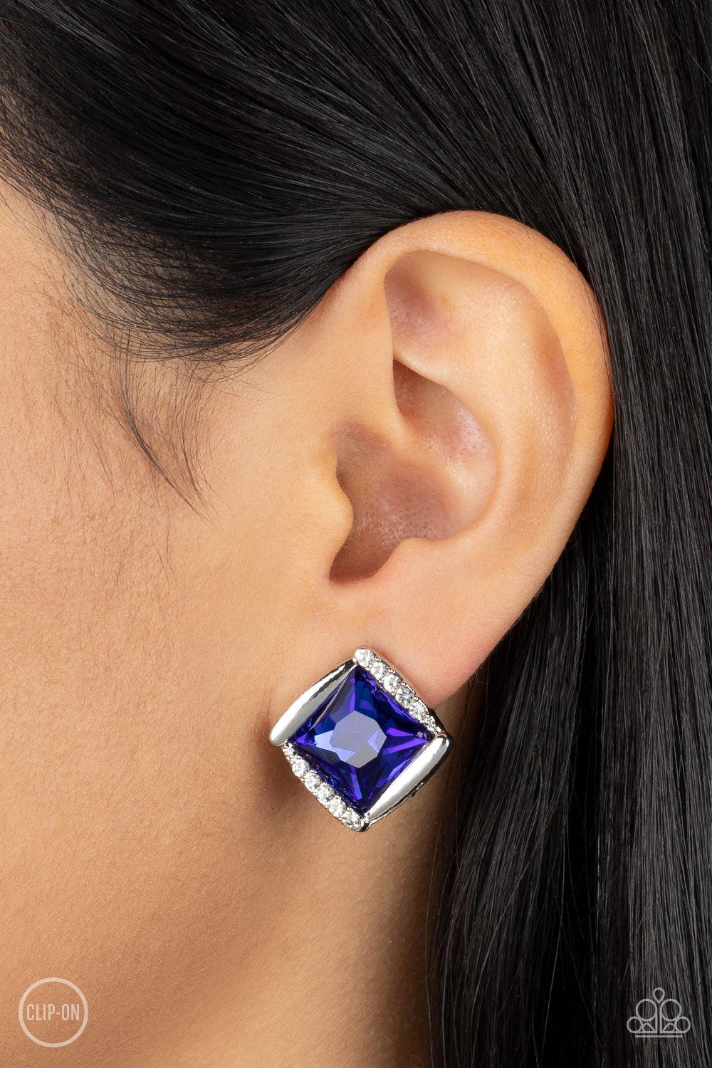 Sparkle Squared Blue &amp; White Rhinestone Clip-on Earrings - Paparazzi Accessories-on model - CarasShop.com - $5 Jewelry by Cara Jewels