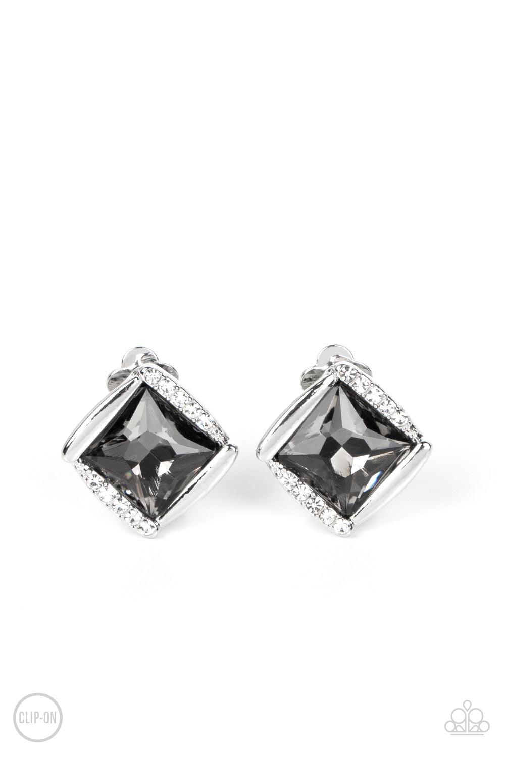 Sparkle Squared Silver Rhinestone Clip-on Earrings - Paparazzi Accessories- lightbox - CarasShop.com - $5 Jewelry by Cara Jewels