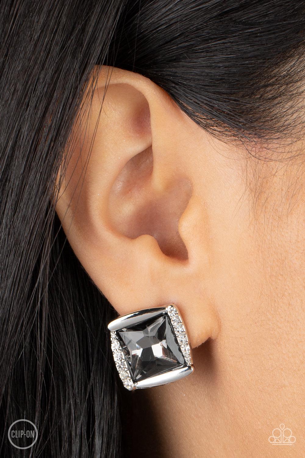 Sparkle Squared Silver Rhinestone Clip-on Earrings - Paparazzi Accessories-on model - CarasShop.com - $5 Jewelry by Cara Jewels