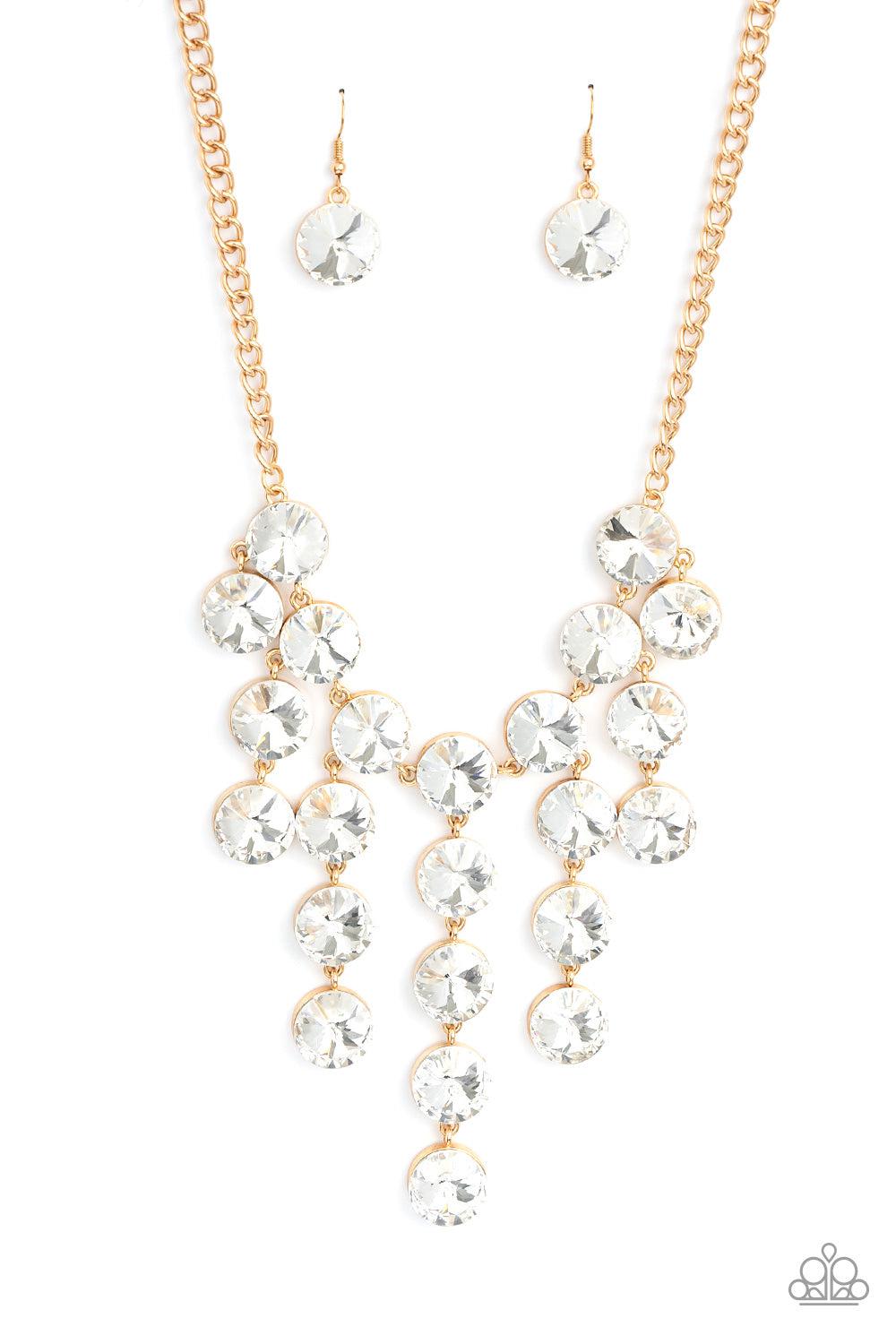 Spotlight Stunner Gold &amp; White Rhinestone Necklace - Paparazzi Accessories- lightbox - CarasShop.com - $5 Jewelry by Cara Jewels