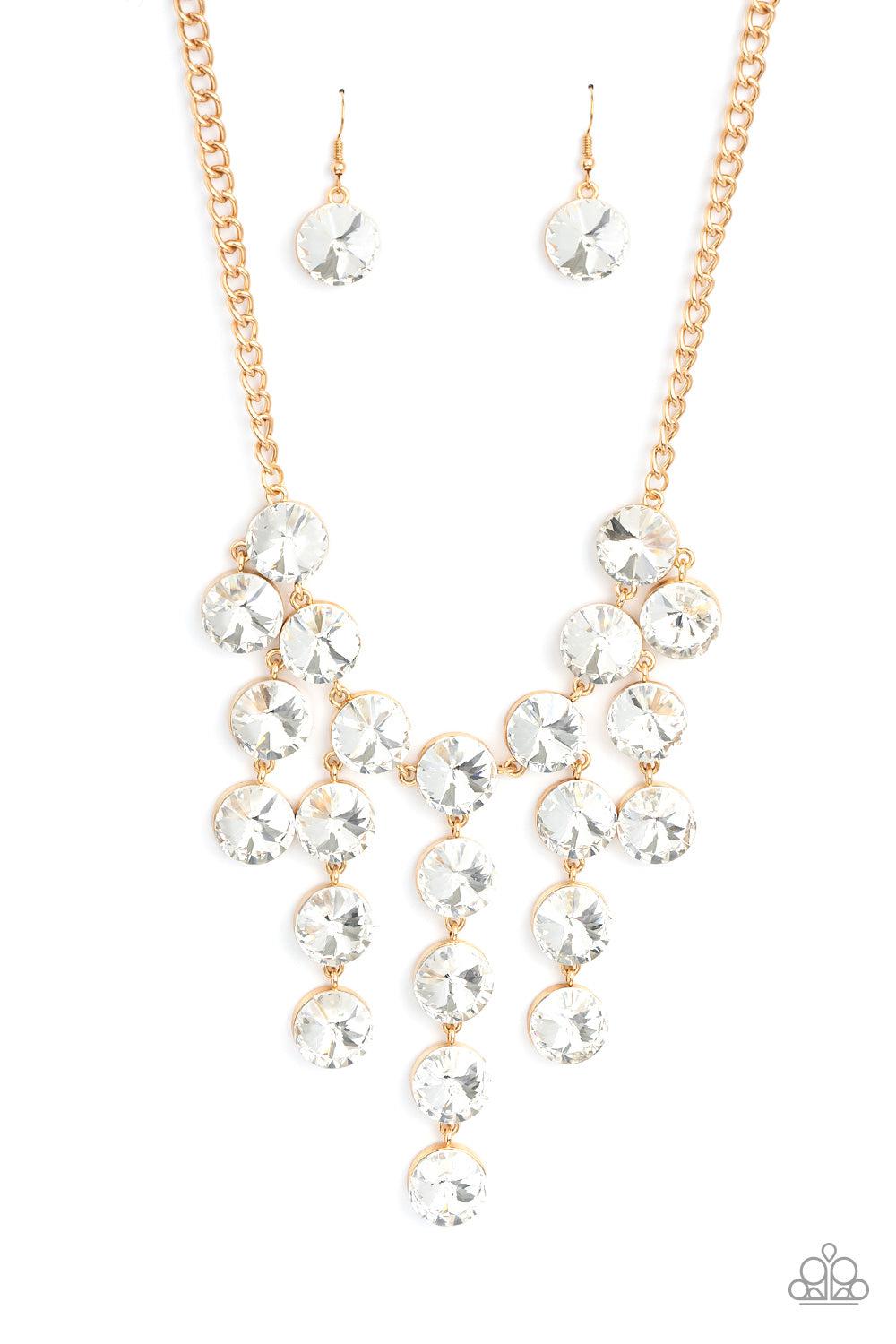 Spotlight Stunner Gold & White Rhinestone Necklace - Paparazzi Accessories- lightbox - CarasShop.com - $5 Jewelry by Cara Jewels