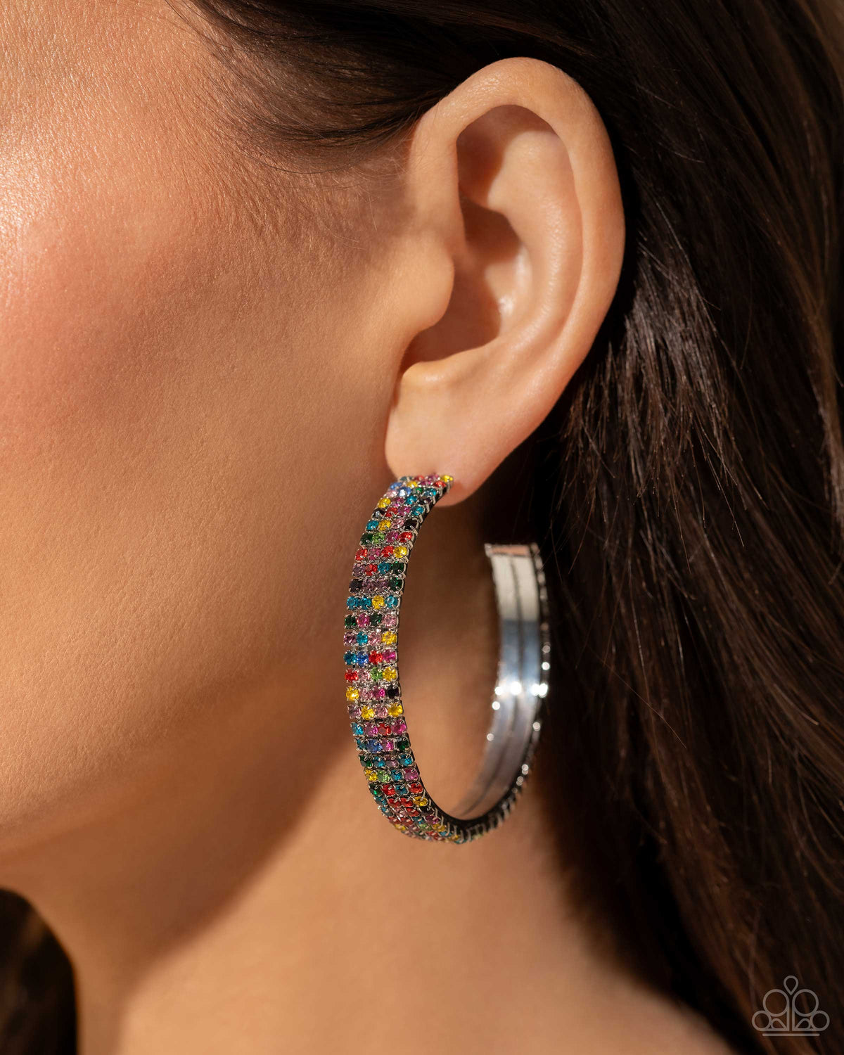 Stacked Symmetry Multi Rhinestone Hoop Earrings - Paparazzi Accessories- on model - CarasShop.com - $5 Jewelry by Cara Jewels