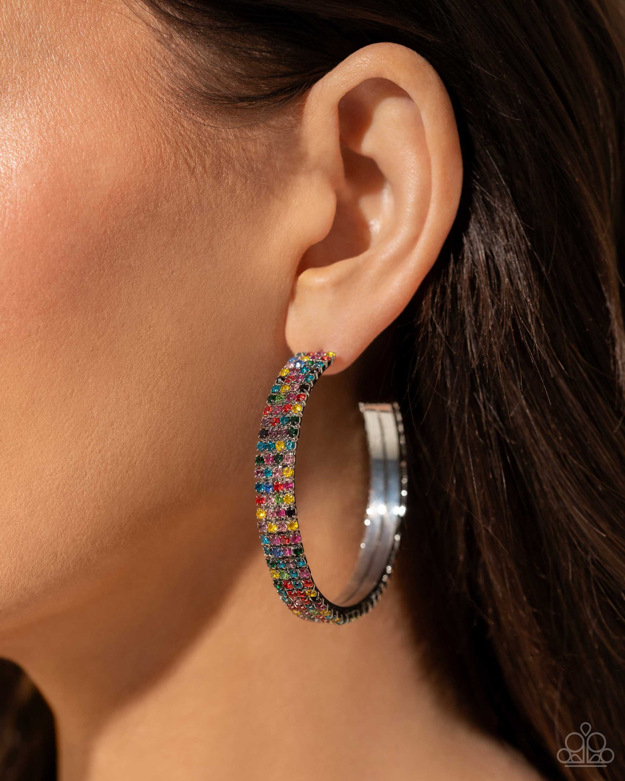 Stacked Symmetry Multi Rhinestone Hoop Earrings - Paparazzi Accessories- lightbox - CarasShop.com - $5 Jewelry by Cara Jewels