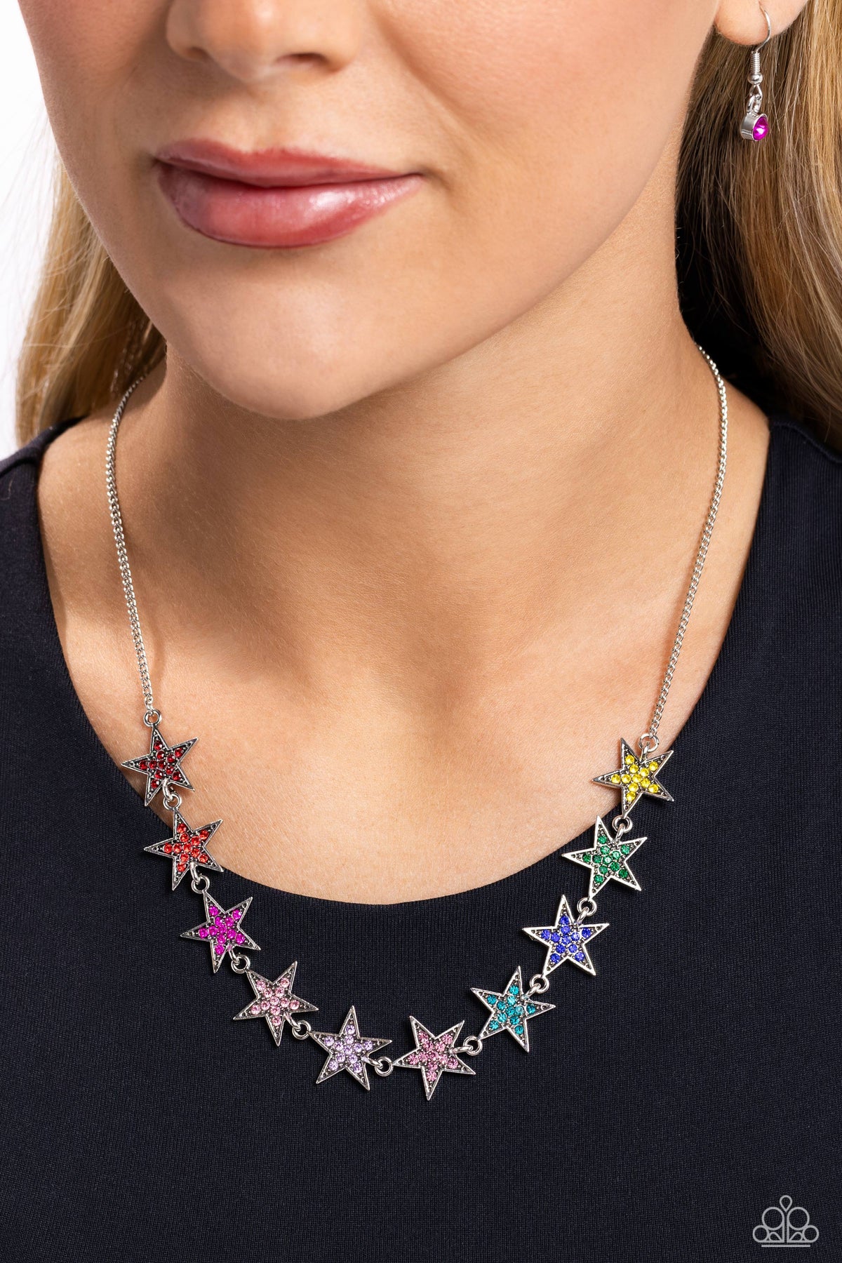 Star Quality Sensation Multi Rhinestone Necklace - Paparazzi Accessories-on model - CarasShop.com - $5 Jewelry by Cara Jewels