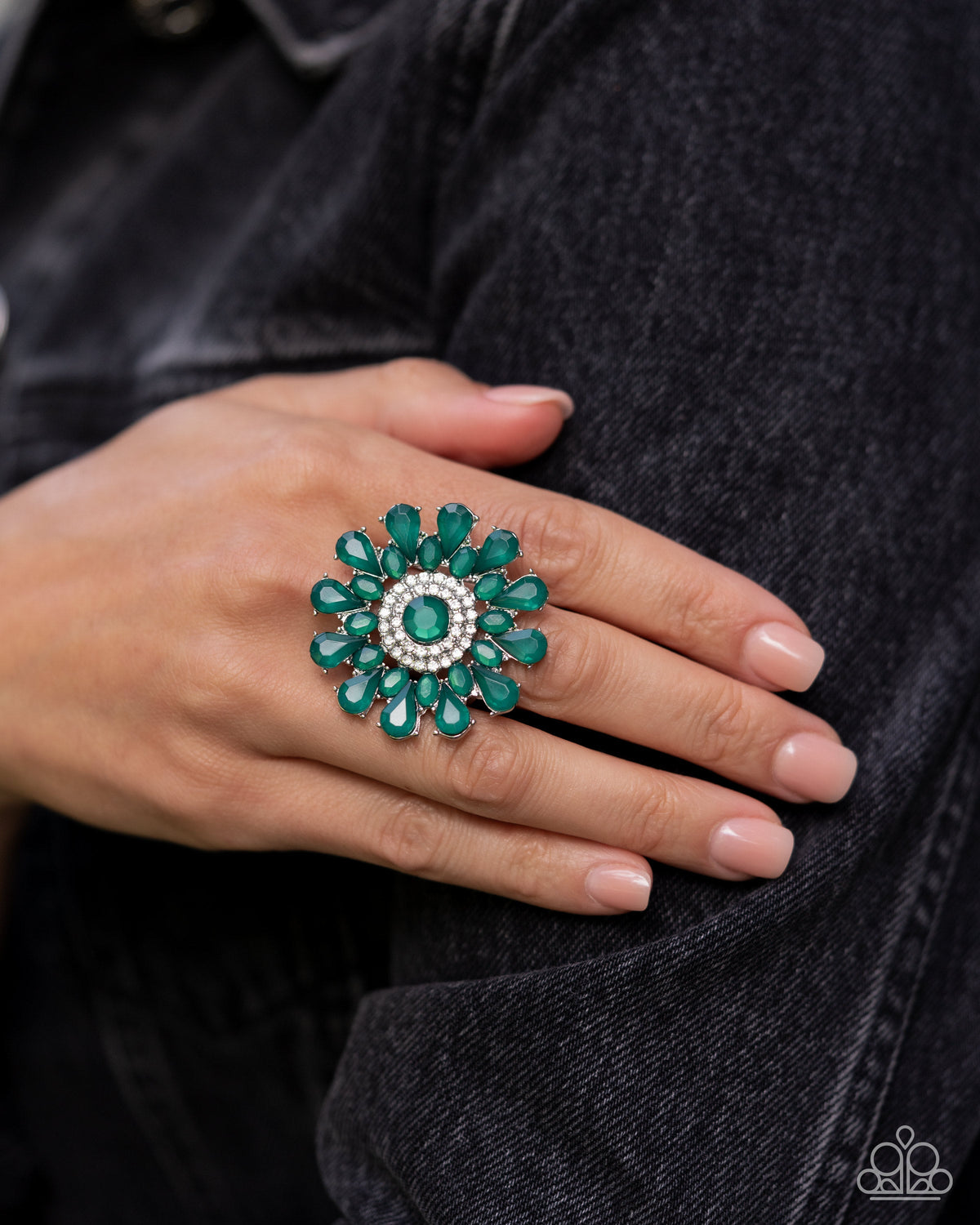 Steady Shimmer Green Rhinestone Ring - Paparazzi Accessories-on model - CarasShop.com - $5 Jewelry by Cara Jewels