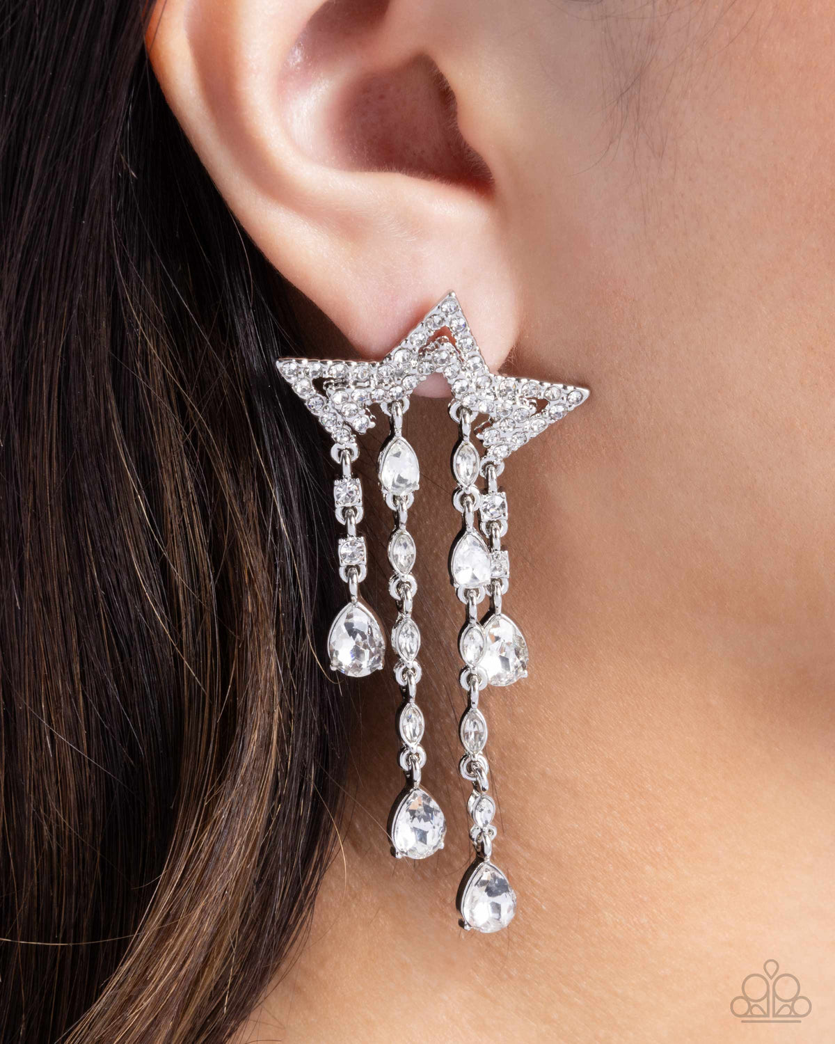 Stellar Scale White Rhinestone Star Earrings - Paparazzi Accessories-on model - CarasShop.com - $5 Jewelry by Cara Jewels