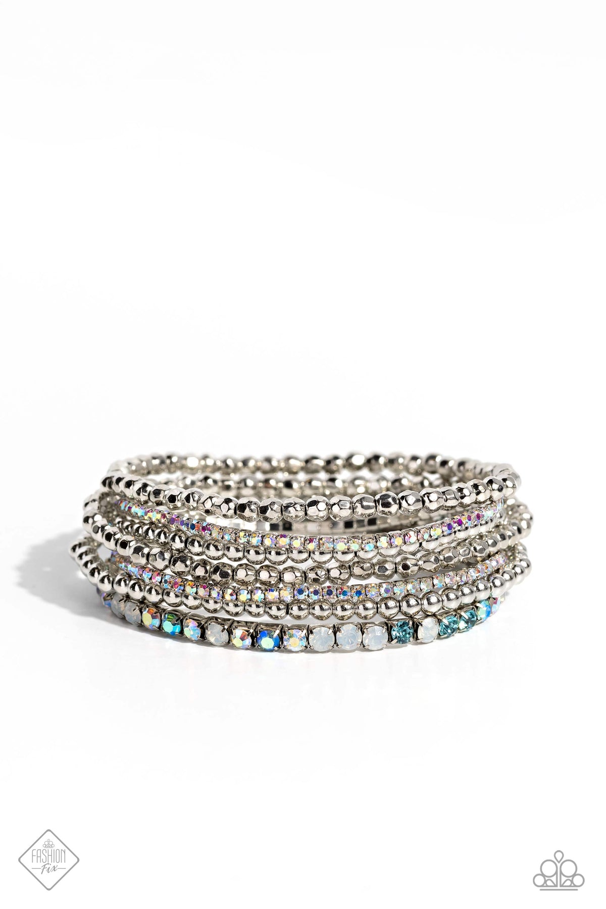 Stellar Sequence Blue &amp; Iridescent Rhinestone Bracelet - Paparazzi Accessories- lightbox - CarasShop.com - $5 Jewelry by Cara Jewels