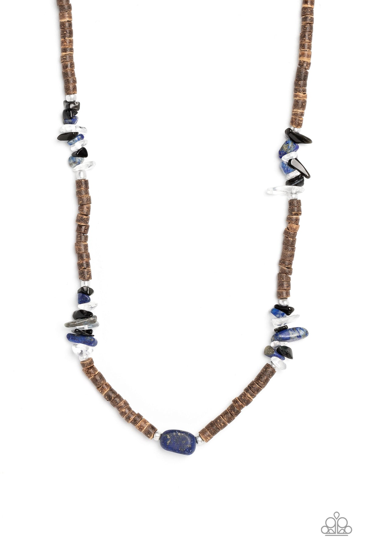 Stony Survivor Blue Lapis Stone &amp; Wood Bead Urban Necklace - Paparazzi Accessories- lightbox - CarasShop.com - $5 Jewelry by Cara Jewels