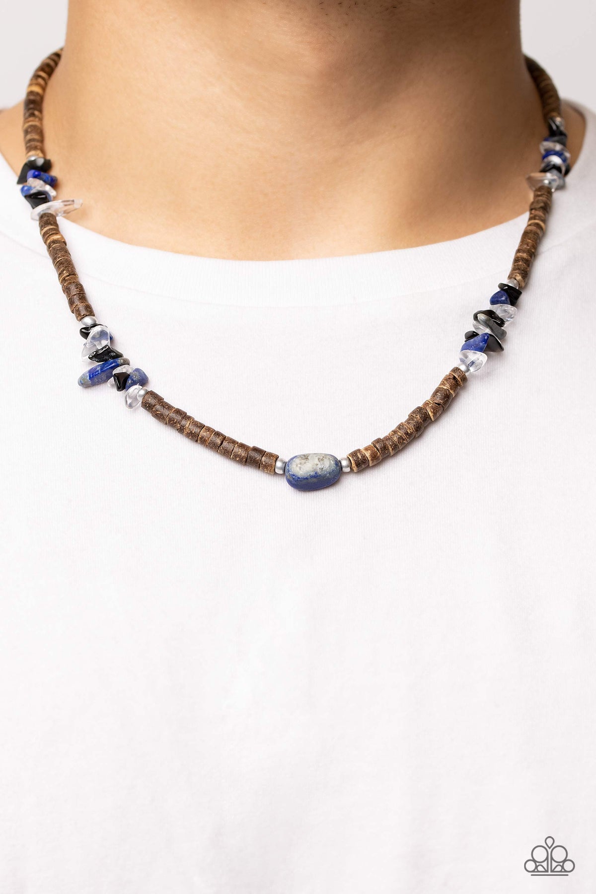 Stony Survivor Blue Lapis Stone &amp; Wood Bead Urban Necklace - Paparazzi Accessories-on model - CarasShop.com - $5 Jewelry by Cara Jewels
