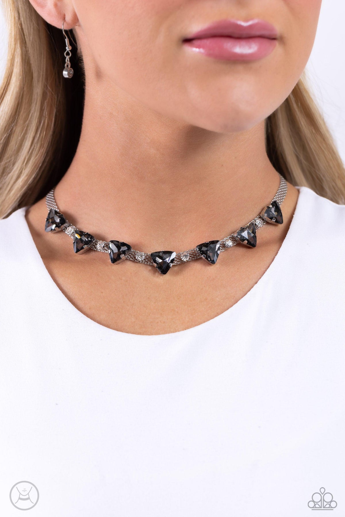Strands of Sass Silver Rhinestone Choker Necklace - Paparazzi Accessories-on model - CarasShop.com - $5 Jewelry by Cara Jewels