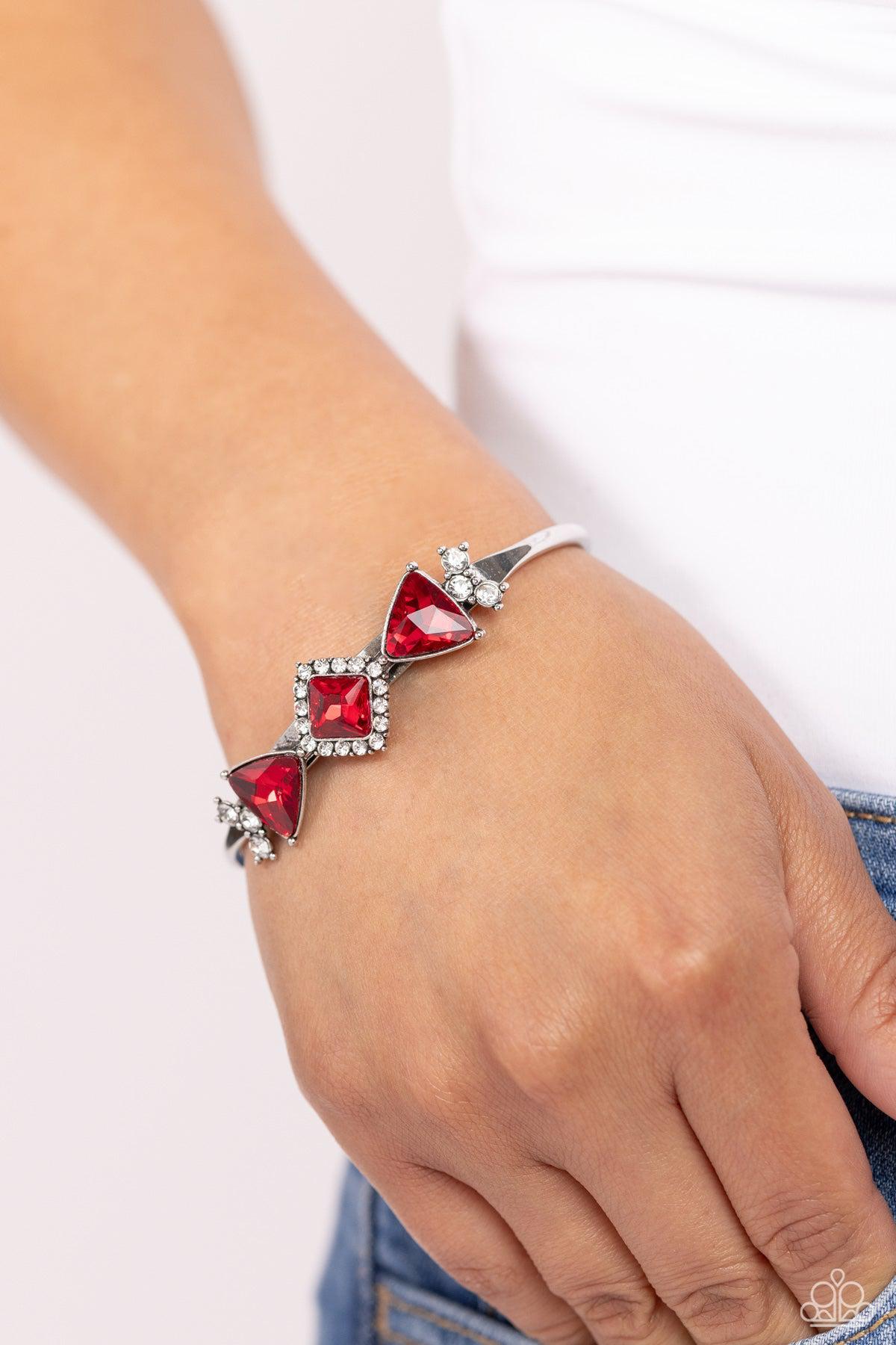 Strategic Sparkle Red Rhinestone Cuff Bracelet - Paparazzi Accessories-on model - CarasShop.com - $5 Jewelry by Cara Jewels