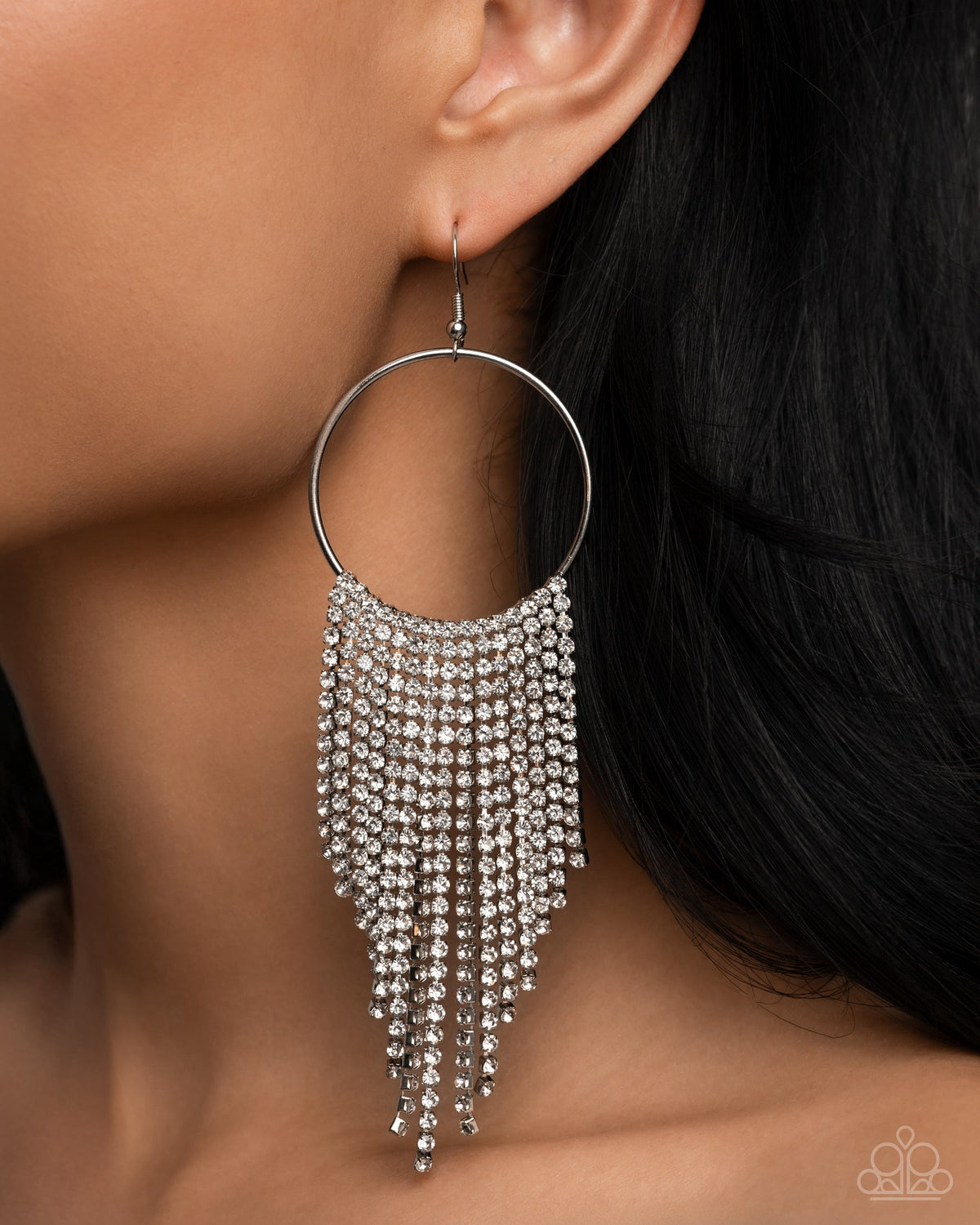 Streamlined Shimmer White Rhinestone Earrings - Paparazzi Accessories-on model - CarasShop.com - $5 Jewelry by Cara Jewels