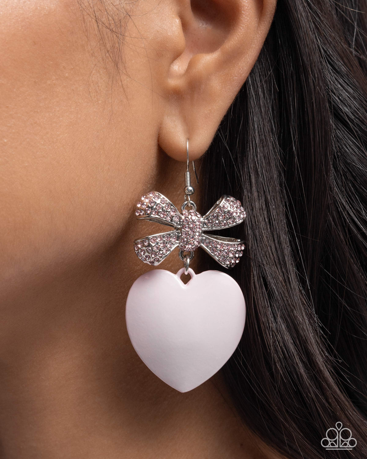 Suitable Sweetheart Pink Rhinestone Heart Earrings - Paparazzi Accessories-on model - CarasShop.com - $5 Jewelry by Cara Jewels