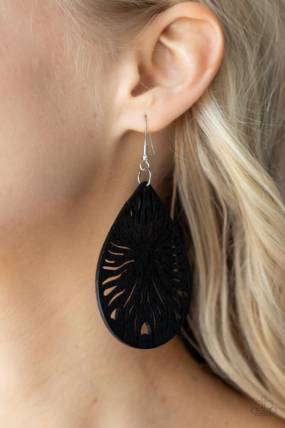 Sunny Incantations Black Wood Earrings - Paparazzi Accessories-on model - CarasShop.com - $5 Jewelry by Cara Jewels